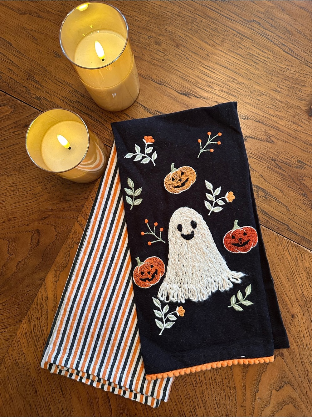 Halloween Kitchen Towels Set of 2 Ghost Pumpkins Striped Orange Black